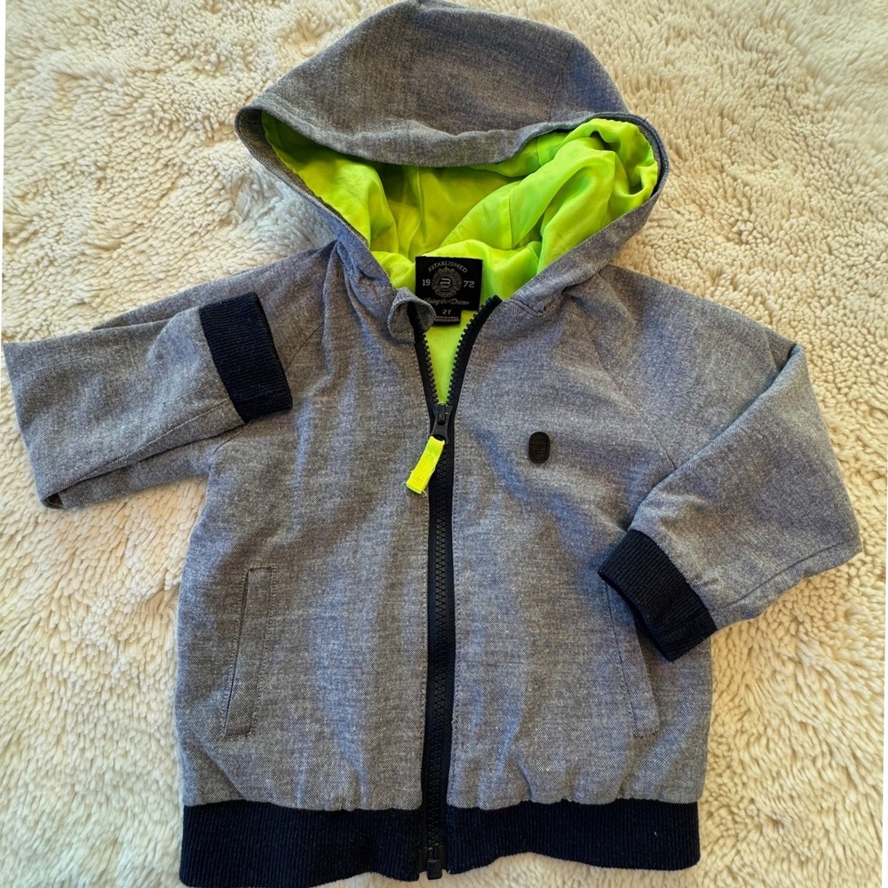 Buffalo David Bitton Kids Blue Chambray Hooded Bomber Jacket Neon Lining 2T